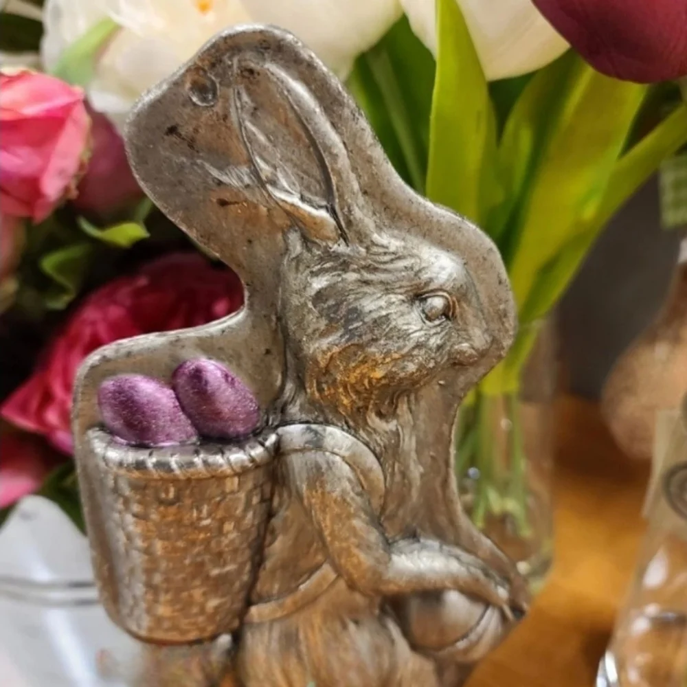 Vintage Antique Style Bunny Rabbit Faux Chocolate Tin Mold Silver Easter Spring